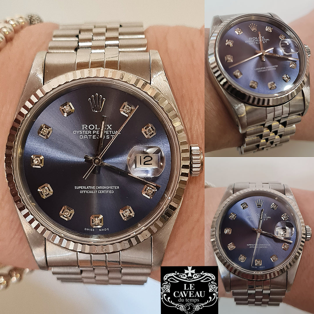 Datejust 36mm ghiera oro bianco e quadrante blu con brillanti - Scatola e Garanzia LeCaveau